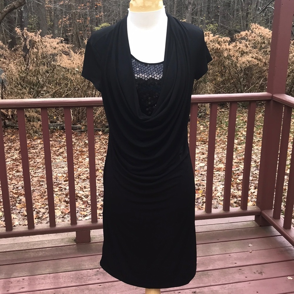 New! Isabella Rodriguez SZ 6, black drape sequin sheath dress.